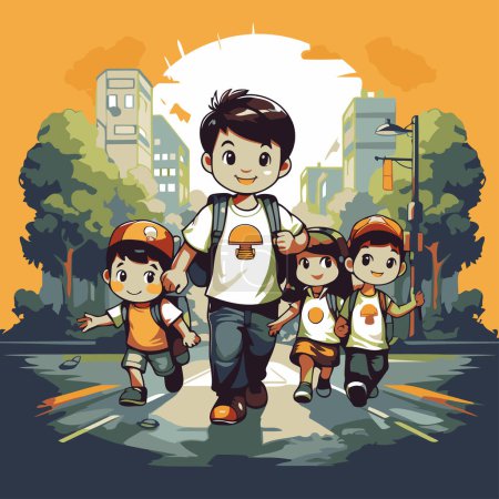 Illustration for Children with backpacks go to school in the city. Vector illustration - Royalty Free Image