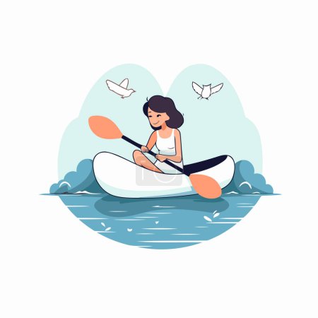 Illustration for Cute girl in a kayak on the river. Vector illustration in flat style - Royalty Free Image
