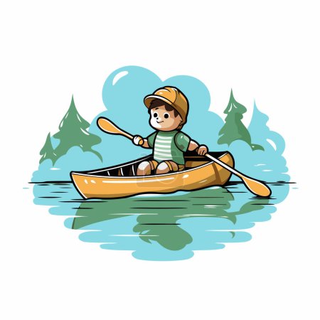 Téléchargez les illustrations : Joli petit garçon dans un canot sur le lac. Illustration vectorielle. - en licence libre de droit