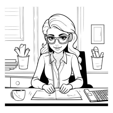 Téléchargez les illustrations : Femme d'affaires qui travaille au bureau. Livre à colorier pour adultes. Illustration vectorielle noir et blanc. - en licence libre de droit