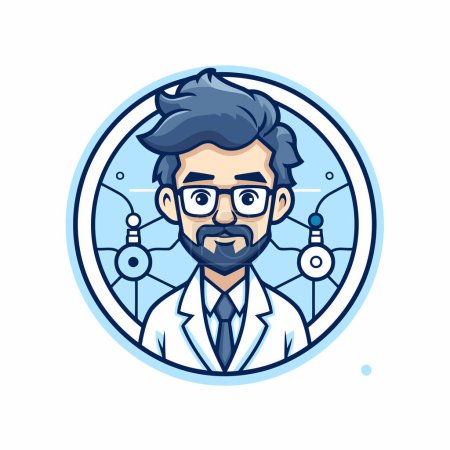 Illustration for Vector illustration of scientist in round frame. Round icon of scientist in glasses. - Royalty Free Image