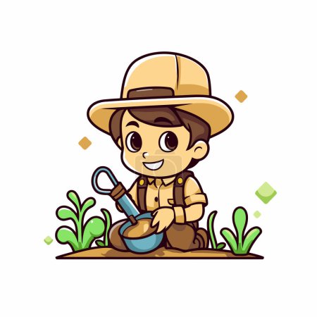 Illustration for Boy in safari hat with shovel and watering can. Vector illustration. - Royalty Free Image