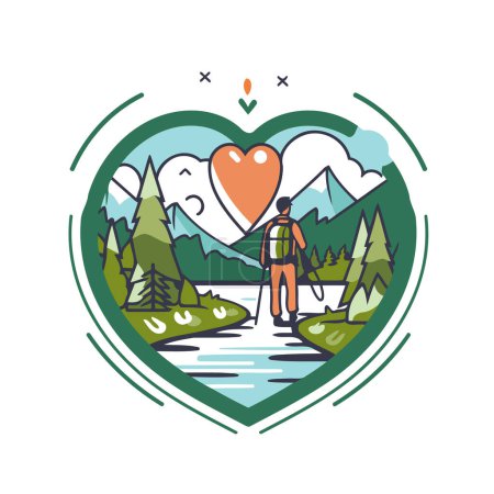 Téléchargez les illustrations : Illustration vectorielle d'un homme marchant dans les montagnes avec un cœur au centre - en licence libre de droit