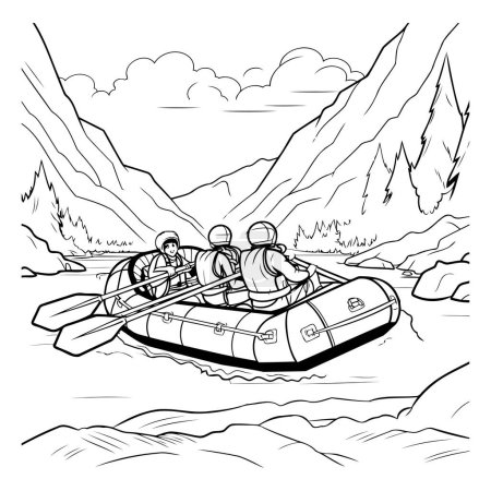 Illustration for Group of people rafting on a mountain river. Black and white vector illustration. - Royalty Free Image