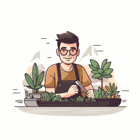 Téléchargez les illustrations : Illustration vectorielle d'un jardinier s'occupant de plantes dans le jardin - en licence libre de droit