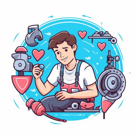 Illustration for Repairman with tools and equipment. Vector illustration in cartoon style - Royalty Free Image