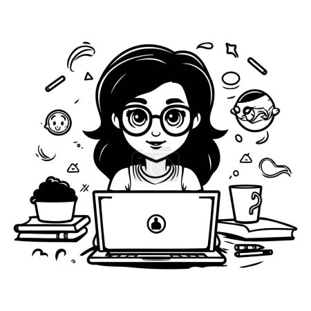 Ilustración de Ilustración en blanco y negro de una chica con gafas trabajando en un portátil - Imagen libre de derechos