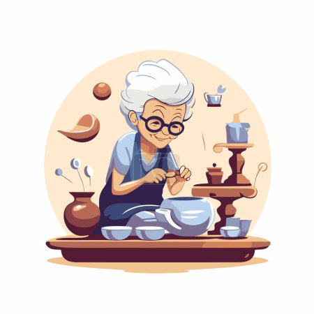 Ilustración de Ilustración vectorial de una anciana haciendo café en una cerámica. - Imagen libre de derechos