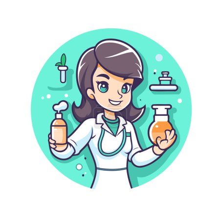 Téléchargez les illustrations : Mignonne médecin tenant bouteille de médicament. Illustration vectorielle dans le style dessin animé - en licence libre de droit