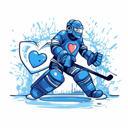 Illustration for Ice hockey player with shield and heart in his hand. Vector illustration. - Royalty Free Image