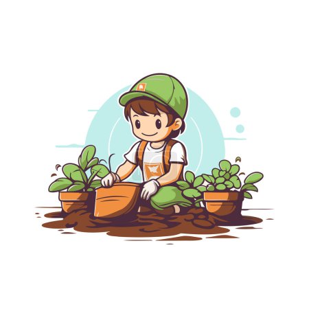 Téléchargez les illustrations : Joli petit garçon plantant des semis dans le jardin. Illustration vectorielle - en licence libre de droit