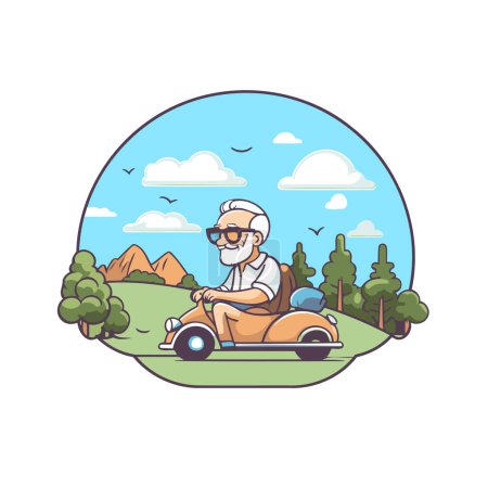 Téléchargez les illustrations : Grand-père conduisant une voiture dans le parc. Illustration vectorielle de style plat. - en licence libre de droit
