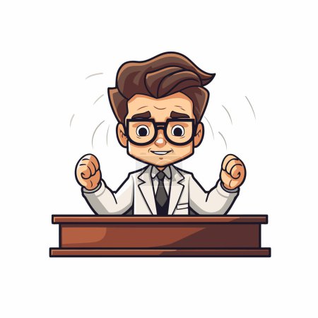 Illustration for Cartoon scientist or professor in glasses sitting at the table. Vector illustration. - Royalty Free Image