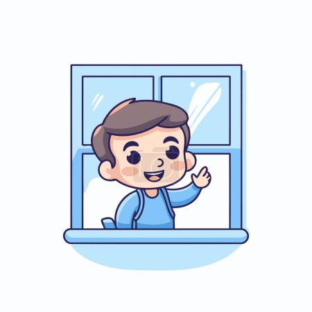 Ilustración de Lindo chico mirando por la ventana. Vector plano ilustración de dibujos animados. - Imagen libre de derechos