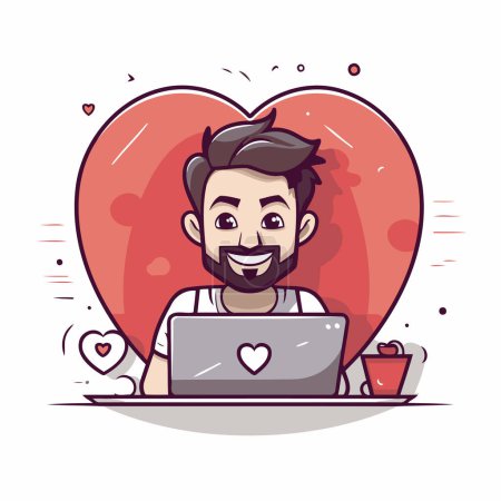 Téléchargez les illustrations : Homme dessin animé mignon avec ordinateur portable en forme de coeur. Illustration vectorielle. - en licence libre de droit