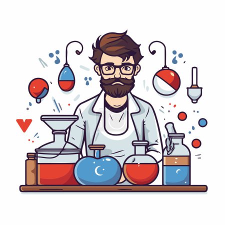 Illustration for Scientist in chemical laboratory. Vector illustration in flat cartoon style. - Royalty Free Image