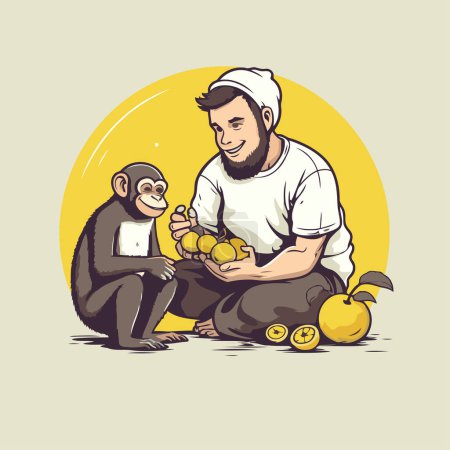 Illustration for Vector illustration of a monkey and a man with apples in his hands - Royalty Free Image