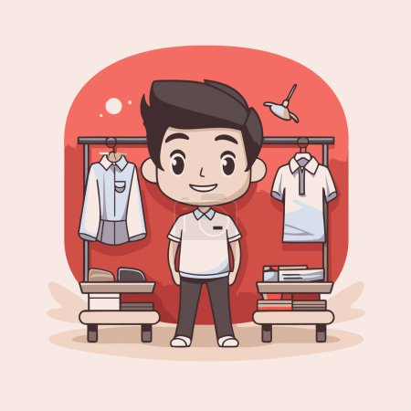 Illustration for Man choosing clothes in the store. Vector flat cartoon character illustration. - Royalty Free Image