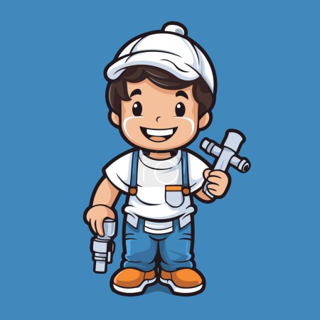Illustration for Cartoon handyman with wrench vector illustration. Cute cartoon handyman. - Royalty Free Image