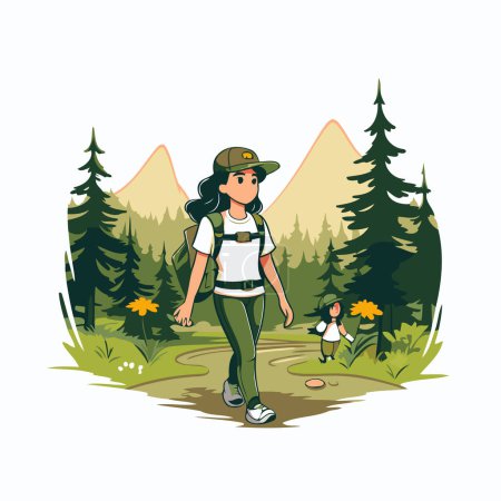 Ilustración de Mujer senderista con mochila en el bosque. Ilustración vectorial en estilo de dibujos animados. - Imagen libre de derechos