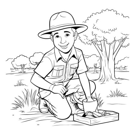 Illustration for Outdoor gardening boy coloring page vector illustration for adult coloring book. - Royalty Free Image