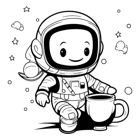 Illustration for Astronaut with a cup of coffee - black and white vector illustration - Royalty Free Image