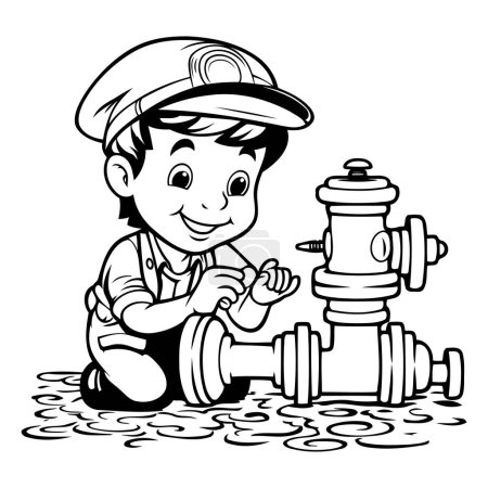 Ilustración de Ilustración de dibujos animados en blanco y negro de Boy Plumber reparación de tuberías de agua - Imagen libre de derechos