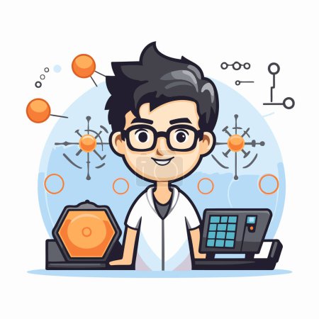 Illustration for Young scientist with laptop. Vector illustration in a flat style on white background. - Royalty Free Image