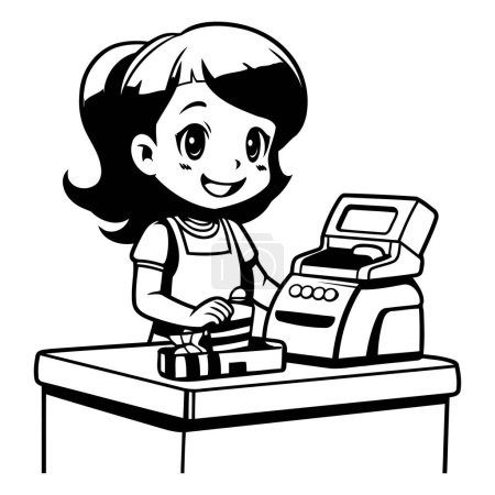 Téléchargez les illustrations : Dessin animé noir et blanc Illustration d'une petite fille mignonne utilisant une caisse enregistreuse - en licence libre de droit
