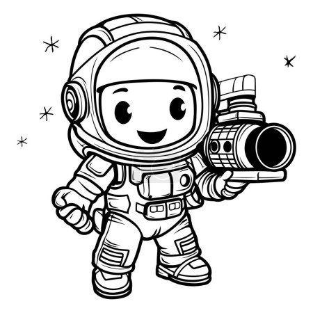 Illustration for Cute Astronaut with Camera - Black and White Cartoon Illustration. Vector - Royalty Free Image