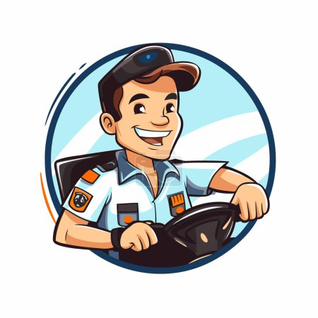 Illustration for Vector illustration of a police officer or policeman holding a steering wheel. - Royalty Free Image