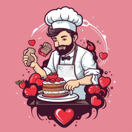 Illustration for Vector illustration of a bearded man chef decorating a cake with red hearts. - Royalty Free Image