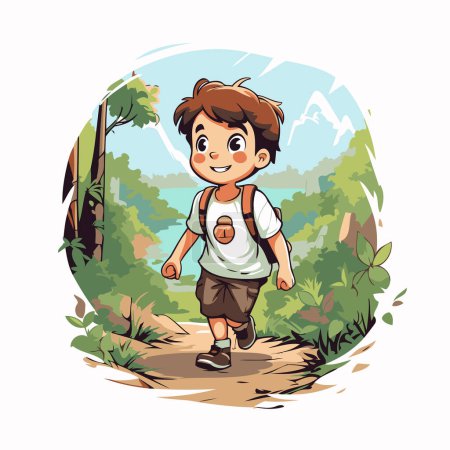 Ilustración de Un niño corriendo por el bosque. Ilustración vectorial en estilo de dibujos animados. - Imagen libre de derechos