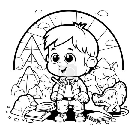 Illustration for Black and White Cartoon Illustration of Kid Boy Exploring Nature or Landscape Coloring Book - Royalty Free Image