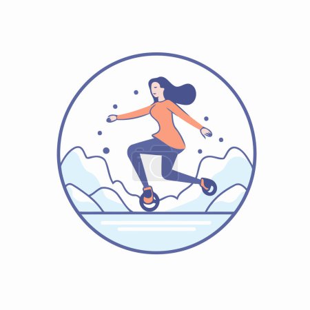 Illustration for Girl riding a scooter in the snow. Flat vector illustration. - Royalty Free Image
