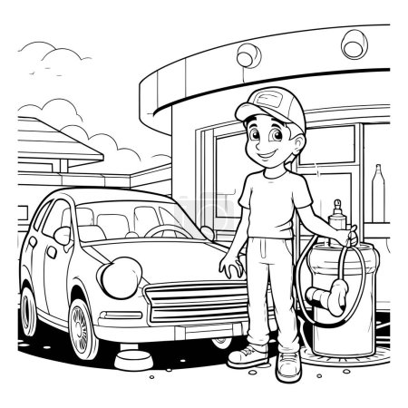 Téléchargez les illustrations : Dessin animé noir et blanc illustrant un enfant tenant une pompe à essence devant sa voiture - en licence libre de droit