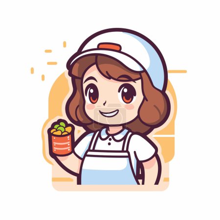 Illustration for Cute cartoon woman in apron and cap with food. Vector illustration. - Royalty Free Image