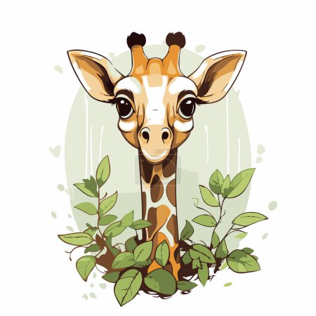 Téléchargez les illustrations : Girafe aux feuilles vertes. Illustration vectorielle isolée sur fond blanc. - en licence libre de droit