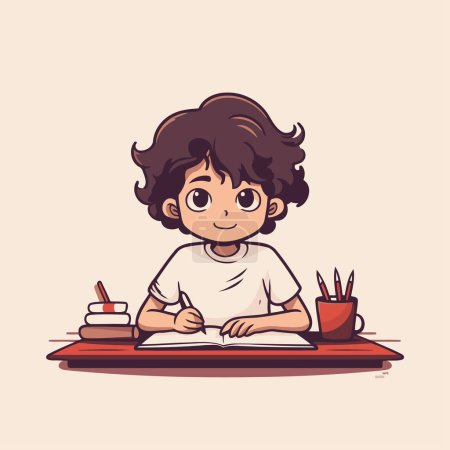 Téléchargez les photos : Illustration vectorielle d'un mignon petit garçon faisant ses devoirs à la table. - en image libre de droit