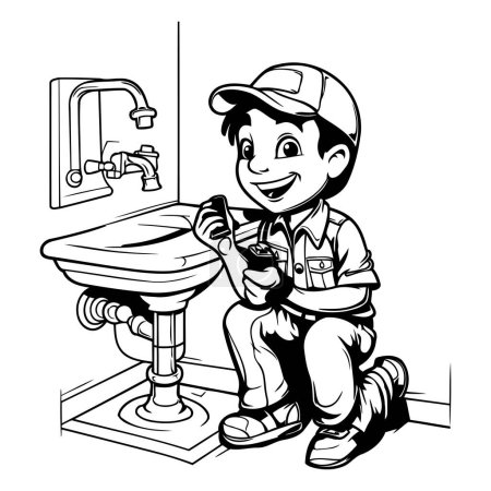 Illustration for Plumber with a sink and faucet - Black and White Cartoon Illustration - Royalty Free Image