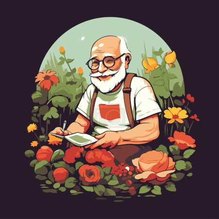 Téléchargez les illustrations : Homme âgé dans un jardin avec des roses. Illustration vectorielle. - en licence libre de droit