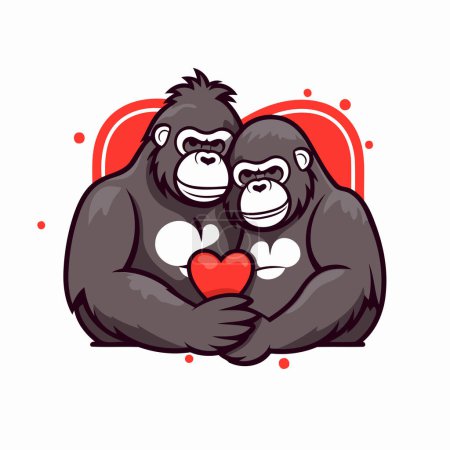Illustration for Chimpanzee couple holding red heart cartoon vector illustration graphic design - Royalty Free Image