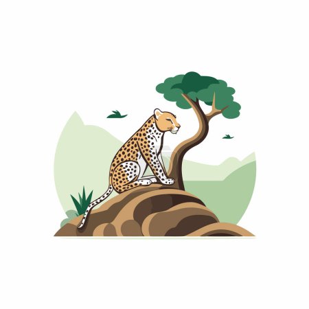 Ilustración de Cheetah sentado en una roca con un árbol en el vector de fondo Ilustración - Imagen libre de derechos