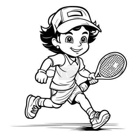 Ilustración de Niño jugando al tenis - Ilustración de dibujos animados en blanco y negro de un niño jugando al tenis - Imagen libre de derechos