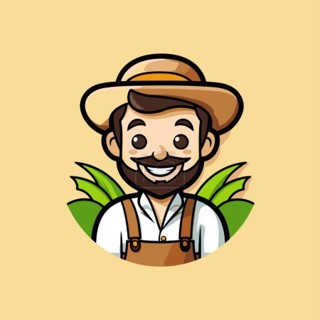 Téléchargez les illustrations : Personnage de dessin animé paysan avec chapeau et illustration vectorielle de feuilles vertes. - en licence libre de droit