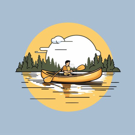 Téléchargez les illustrations : Un homme en canot sur le lac. Illustration vectorielle en style plat - en licence libre de droit