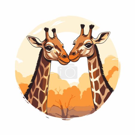 Téléchargez les illustrations : Illustration vectorielle de deux girafes amoureuses sur fond de savane. - en licence libre de droit
