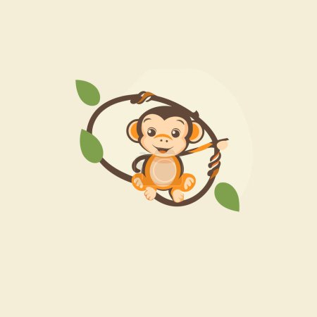 Illustration for Cute cartoon monkey with leaves. Vector illustration in flat style. - Royalty Free Image