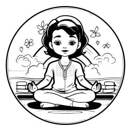 Ilustración de Chica meditando en la posición de loto. ilustración vectorial en blanco y negro - Imagen libre de derechos