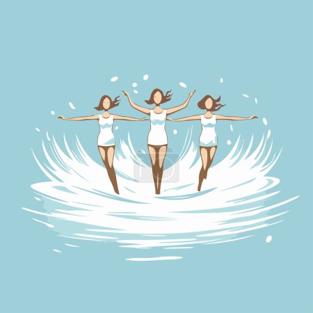 Illustration for Three girls in swimsuits standing on a surfboard. Vector illustration - Royalty Free Image